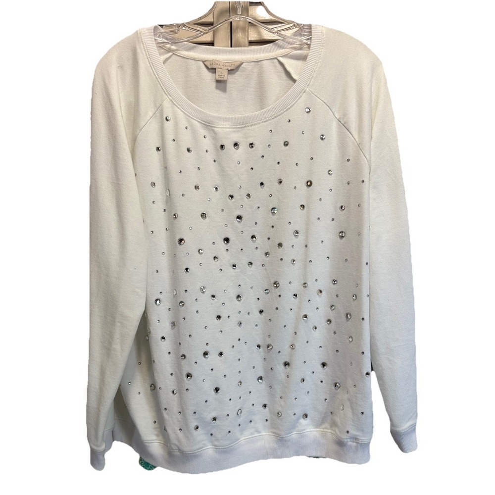 Laura Ashley Long Sleeve Top Size L Round Neck White Gems Light Sweatshirt